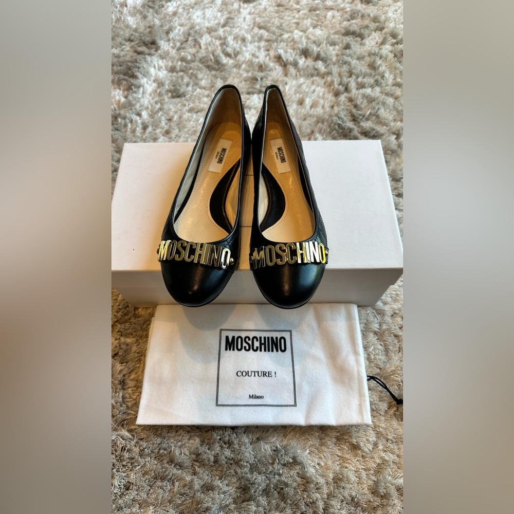 Moschino Quilted Leather Ballet Flats w/ Logo; Sz. 35 1/2
